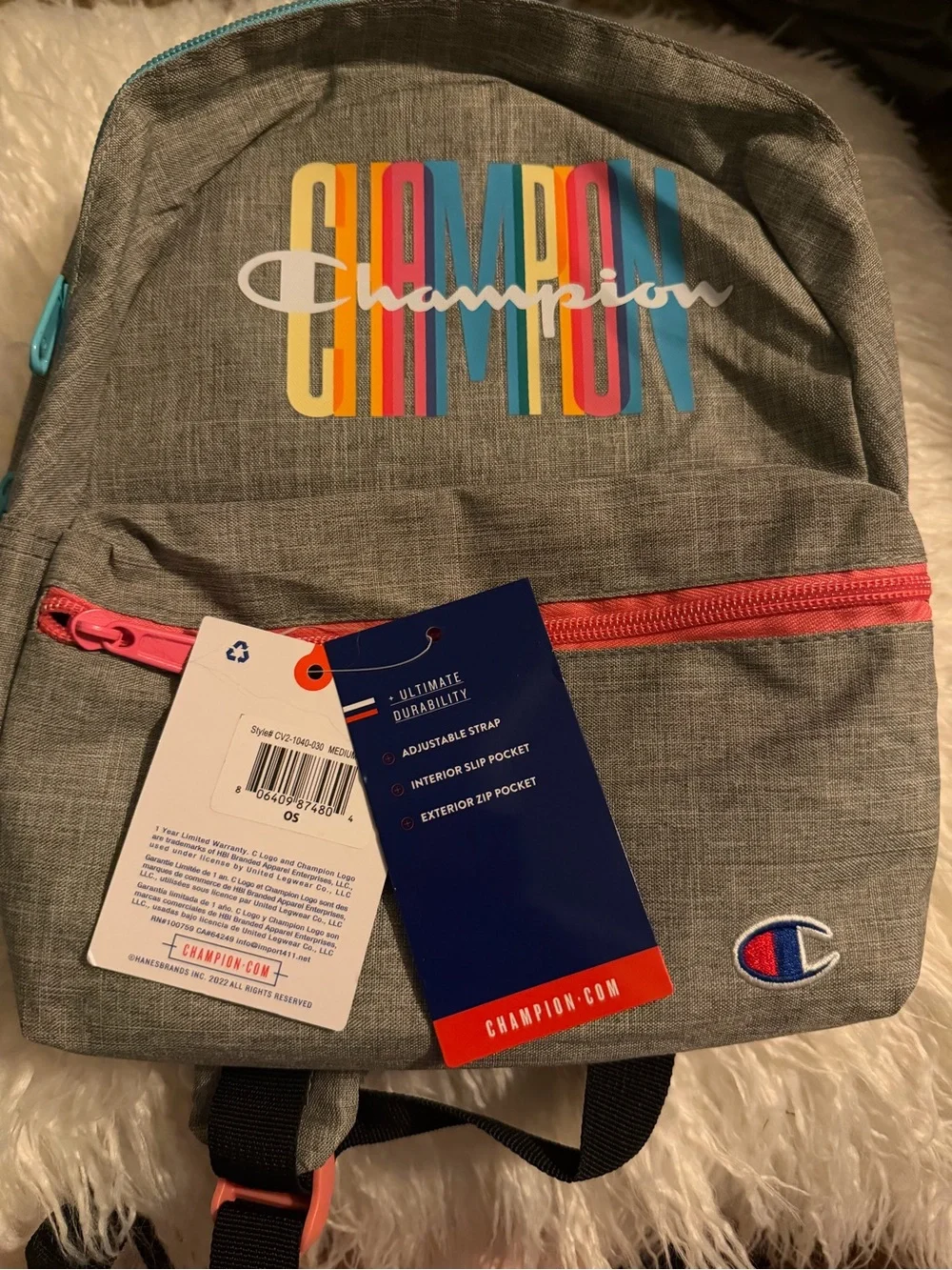 Champion Unisex Kids Medium Gray Logo Backpack, Zip Pockets, Adjustable Strap